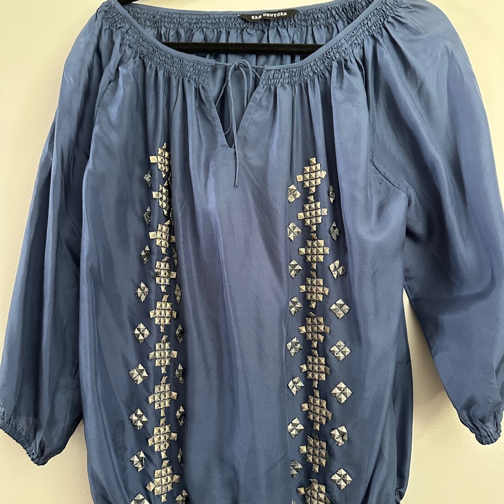 Elegant Bohemian Blue silk Embellished Blouse with metal accents
